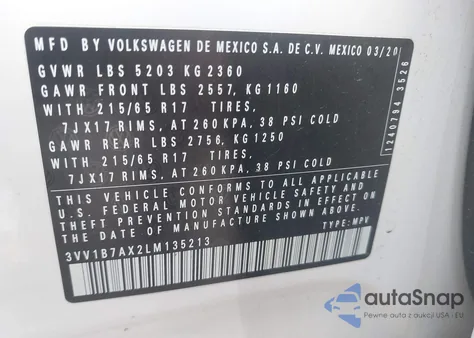 2020 Volkswagen Tiguan 2.0T S from USA, damaged, VIN 3VV1B7AX2LM135213